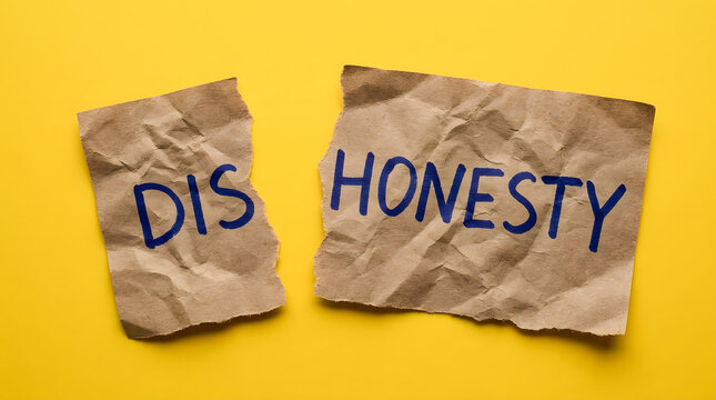 Two torn pieces of crumpled brown paper resting on a flat surface with handwritten DIS on the left and HONESTY on the right in blue marker creating a conceptual composition symbolizing betrayal