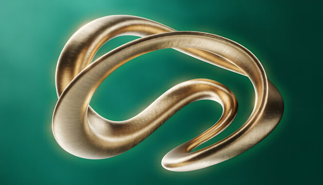 Abstract golden mobius loop floating against emerald green background. Modern luxury minimalist sculpture. Curved brushed brass ribbon twisting gracefully in empty space