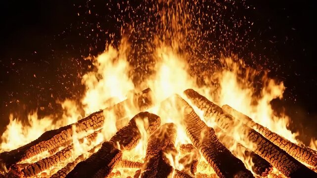 Slow motion closeup of burning logs with sparks rising in night bonfire setting outdoors