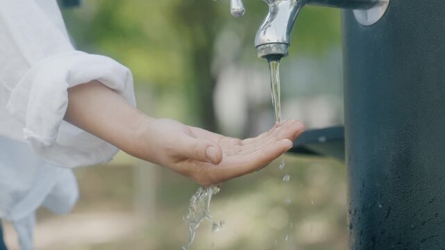 Woman catching clean tap water with her hands in a natural park environment  