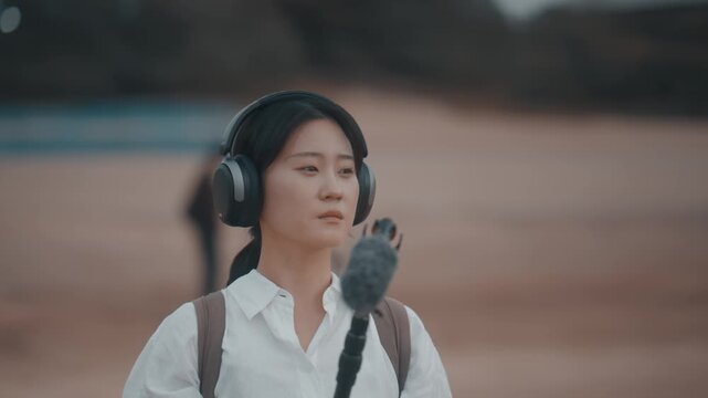 Close-up of a young woman wearing headphones and holding a boom microphone, focusing on sound recording outdoors