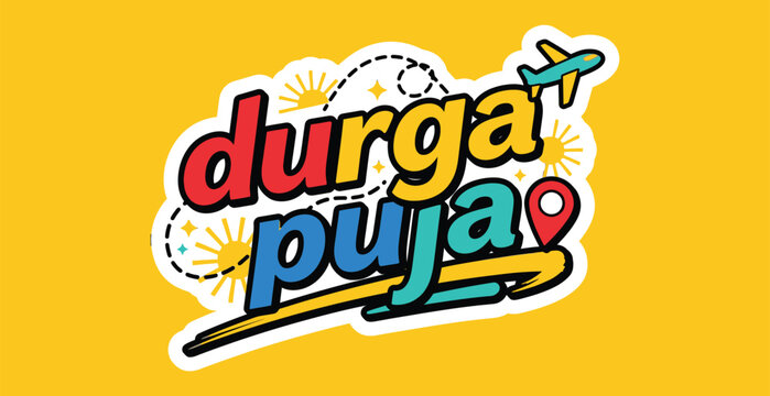 Durga Puja Travel Typography Sticker with Airplane and Location Pin, Flat Vector Illustration for Festive Holiday Promotion