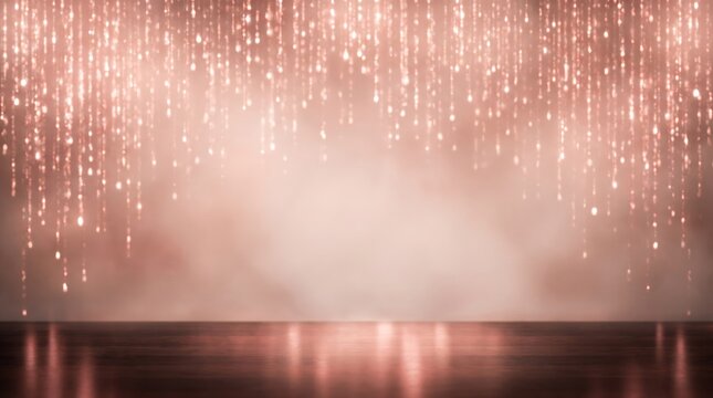 Rose gold background, with vertical glowing, light strands and, reflective dark wood, floor
