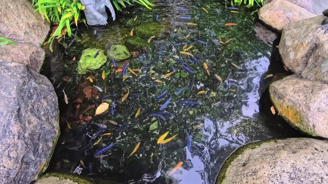 Colorful fish swim in a pond surrounded by rocks and plants in a garden