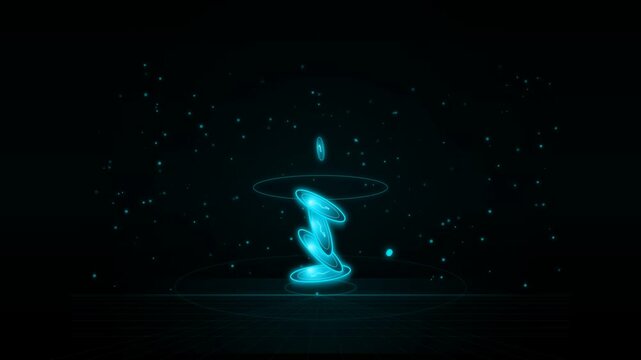Glowing stacked coins with cyan particles and swirling light on dark background, abstract technology animation