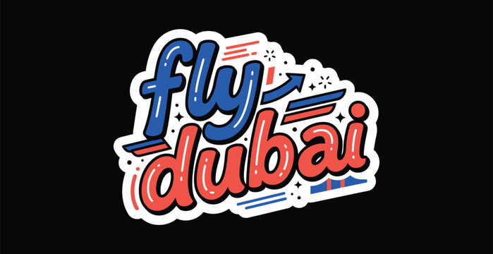 Fly Dubai Typography Logo Sticker with Blue and Red Bold Lettering on Black Background