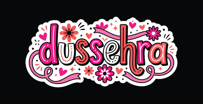 Dussehra Festival Typography Illustration with Floral Accents and Pink Ribbon on Black Background