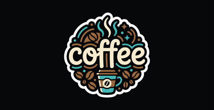 Coffee Logo Badge with Stylized Cup and Beans, Vector Illustration on Black Background