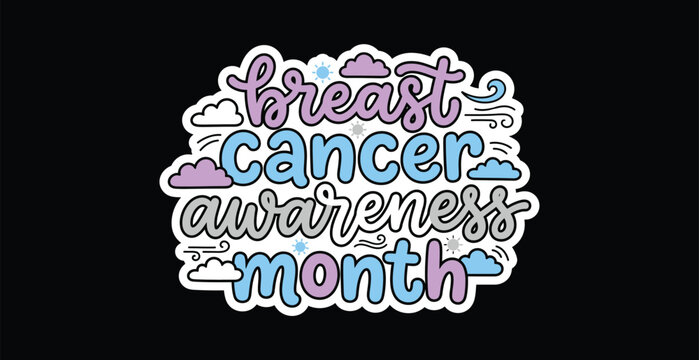 Breast Cancer Awareness Month typography sticker with pastel clouds and suns