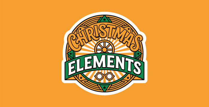 Christmas Elements Badge Logo with Vintage Wagon Wheel and Glasses Illustration
