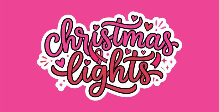Christmas Lights Lettering Typography with Pink Hearts and Ribbon on Vibrant Pink Background