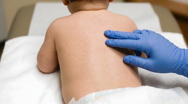 Doctor examining a young childs back for skin condition or rash on a white surface