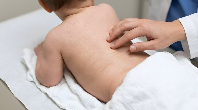 Doctor examining a young child's back during a medical checkup in clinic