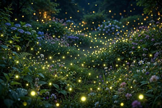 Fireflies glowing in dark garden at night