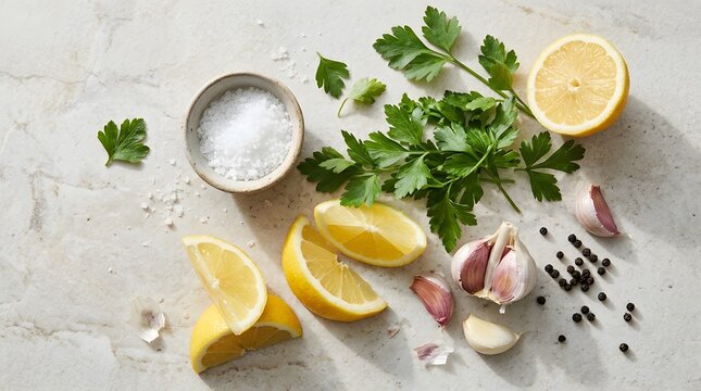 Fresh ingredients for cooking including lemon mint garlic and peppercorns on marble