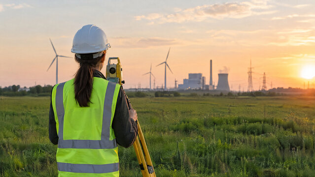 female land surveyor or civil engineer using a total station instrument at a renewable energy site with wind turbines and power plant at sunset