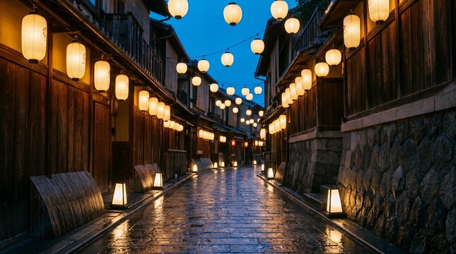 Kyoto Style Alley at Blue Hour with Glowing Paper Lanterns and Wet Stone Pavement