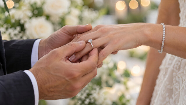 groom putting a wedding ring on the bride finger during the ceremony