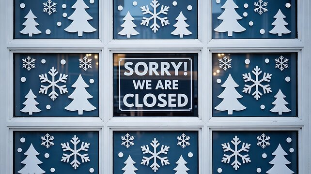 Sorry, we are closed. The sign is on a storefront window decorated with white Christmas trees and snowflake patterns   