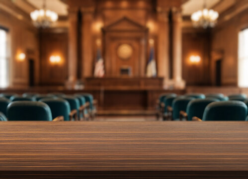 Courtroom stands vacant behind broad wooden table, with empty seats directed toward judges bench. Soft focus furnishings create calm setting for justice and legal proceedings, and chairs face bench.