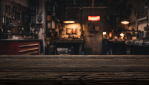 Textured wooden counter fills lower view of blurred automotive workshop. Amber lights, tool cabinets and repair equipment create warm garage backdrop, while open tabletop provides room for display.