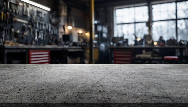 Empty workbench occupies foreground in dim repair workshop, its scratched gray top contrasting with softly blurred tools, cabinets and window light. Broad tabletop leaves ample copy space for design.