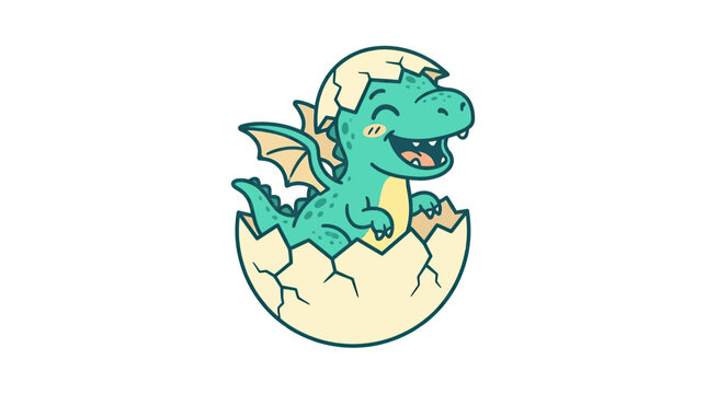 Cute cartoon dragon hatching from egg, isolated