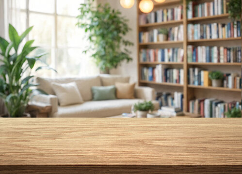 Wooden counter fills foreground of softly focused living room, with bookcase, cushioned sofa and indoor plants behind. Calm, welcoming home setting leaves open space for product display.