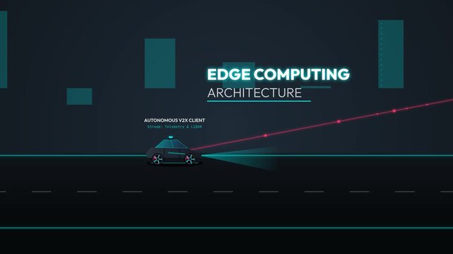 Edge Computing Architecture Animation With Autonomous Vehicle V2X Client Streaming Telemetry And LiDAR To Ultra Low Latency MEC Node Processor