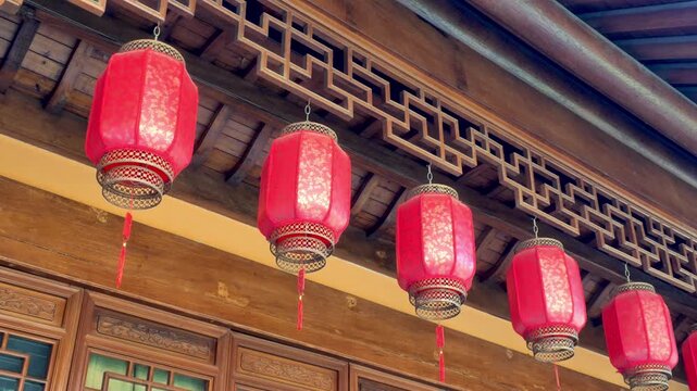 Red Lanterns at Wooden Entrance, China, Asia