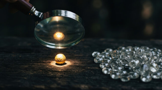 Magnifying glass over gold nugget beside clear gemstone pile suggests economic imbalance through contrasting value on dark wood