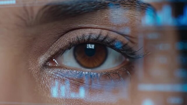 Slow motion close up tracking shot of eye reflecting digital interface and biometric graphics in futuristic tech lab environment