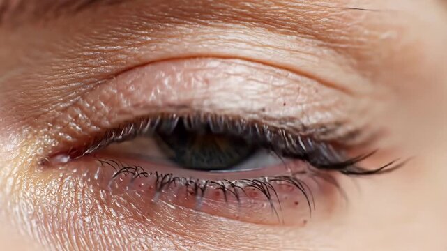 Tracking slow motion close up of eye blinking and eyelid closing in studio portrait setting with macro detail and skin texture