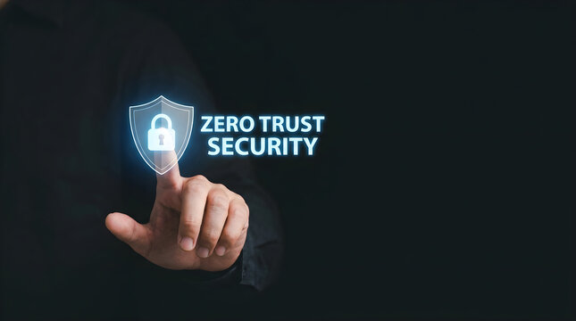 A man touching a glowing zero trust security icon on a dark background
