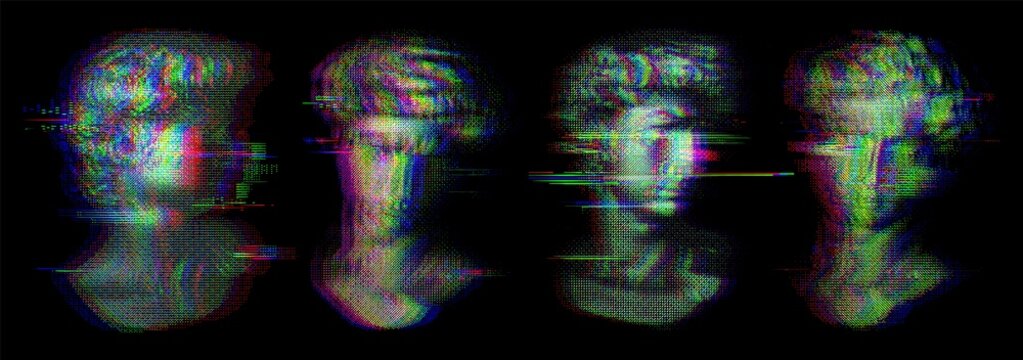 Statue head glitch effect, distorted face deepfake concept: Apollo bust and three classical sculptures in green halftone with chromatic RGB noise, digital identity crisis wide header