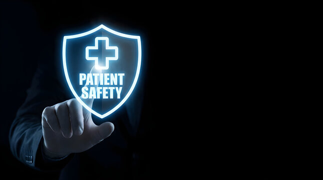 Business professional touching a glowing digital patient safety shield icon on a dark background