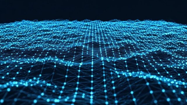 Blue wireframe wave on a dark background with glowing grid lines, floating particles and soft depth. Abstract technology image for digital signal, data flow, virtual network and futuristic interface