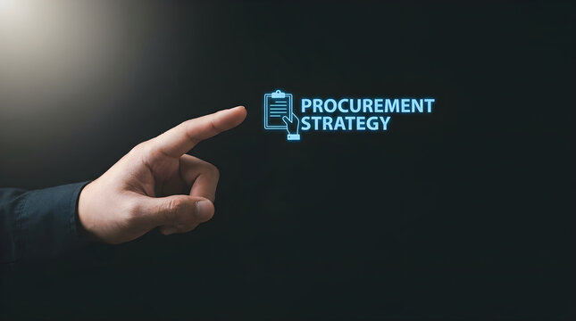 Person pointing at a digital procurement strategy icon on a dark background