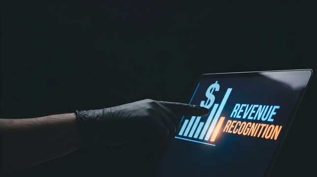 Person wearing a black glove touching a digital revenue recognition chart on a laptop screen