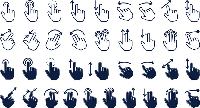 Touchscreen hand gesture icons swipe tap drag pinch zoom scroll outline filled vector set touchscreen mobile ui interaction illustration isolated