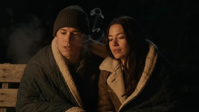 Tender young couple wrapped in warm cozy blankets sitting together outdoors at night near a glowing campfire, exhaling visible cold winter breath in a serene moment.