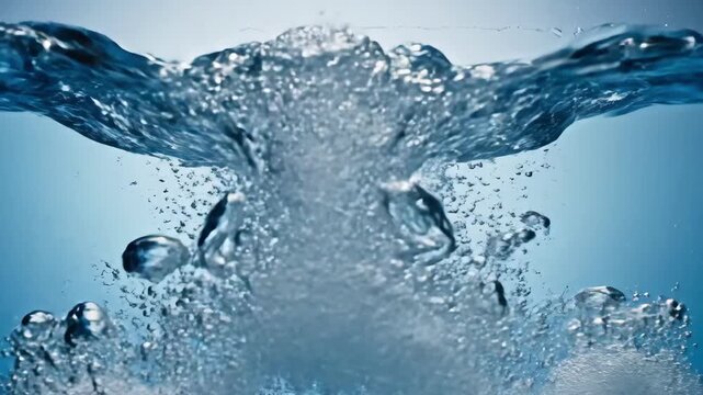Slow motion closeup of water pouring and forming bubbles in clear glass tank under studio lighting