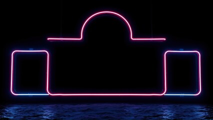 Fototapeta premium Neon sign depicting scales symbol. Pink, blue light glows against dark background. Minimalist design, modern aesthetic.