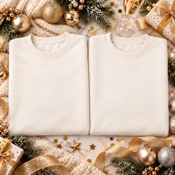Flat lay two folded natural tshirt mockup. Unisex basic shirt lying down on holiday decorated surface. Crewneck casual tee, blank template for winter, Christmas, New Year double designs
