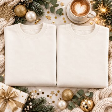 Flat lay two folded white tshirt mockup. Unisex basic shirt lying down on holiday decorated surface. Crewneck casual tee, blank template for winter, Christmas, New Year double designs