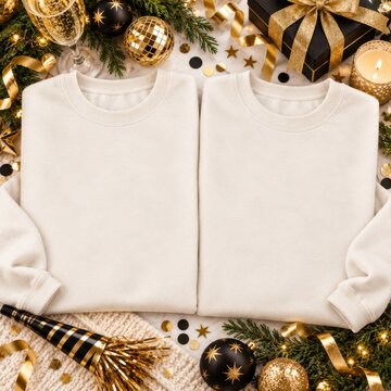 Flat lay two folded white sweatshirt mockup. Unisex basic shirt lying down on holiday decorated surface. Crewneck casual pullover, blank template for winter, Christmas, New Year double designs