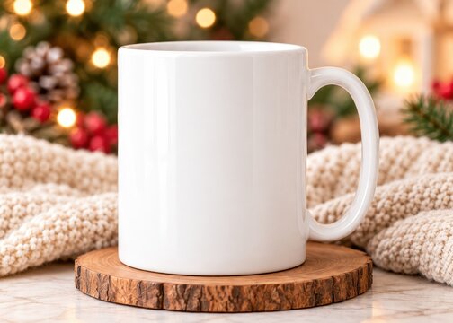 Blank white coffee mug mockup. Plain cup standing on table, Christmas decoration background. Regular mug template to place winter holiday Xmas, New Year designs