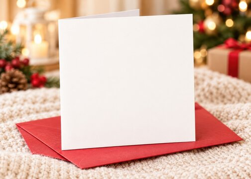 Blank invitation mockup, festive holiday background. Square folded card template with empty space for text or branding. Christmas, New Year, winter holidays card designs mockup