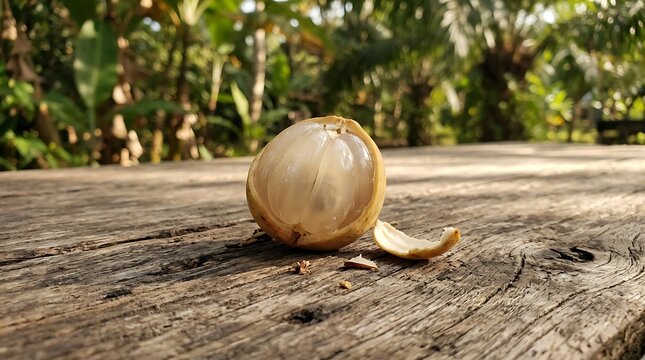 Fresh peeled duku fruit on rustic wooden table in tropical garden