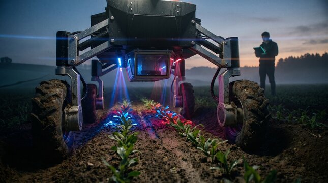 A dramatic low-angle ground-level cinematic shot of an autonomous all-terrain farm robot&rsquo;s downward-facing multi-spectral vision camera array